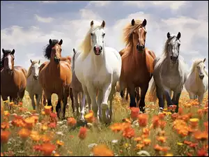 Konie różnej sierści stojące na łące z kwiatami letnimi