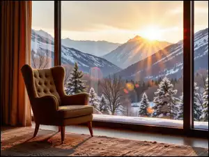 Fotel, Okno, Grafika AI, Pokój, Słońce, Góry, Zima