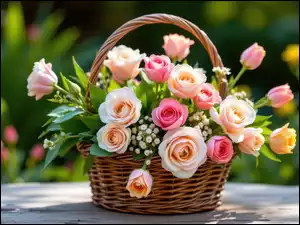 Koszyk, Kwiaty, Róże, Wiklinowy