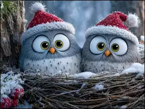 Dwie sowy w czerwonych czapeczkach w ośnieżonym gnieździe na drzewie iglastym