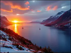 Grafika AI, Rzeka, Góry, Zachód słońca