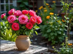 Różowe, Róże, Grafika AI, Kwiaty, Ogród, Stół, Wazon