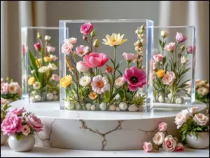 Kwiaty, Wazony, Kolorowe, Podium, Bukiety