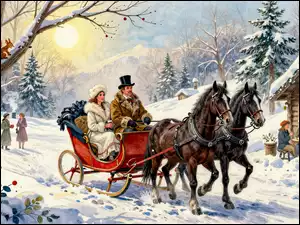 Para w saniach ciągniętych przez dwa konie w zimowej scenerii