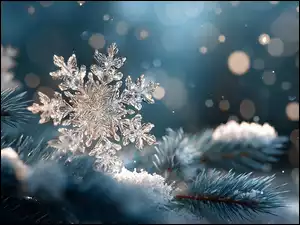 Rozświetlona słoneczny blaskiem śnieżynka na ośnieżonej gałązce sosny