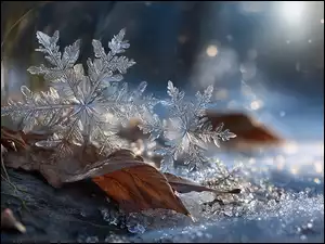 Dwie śnieżynki i jesienne liście na śniegu
