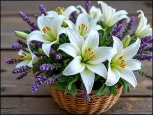 Białe, Lilie, Grafika AI, Kwiaty, Koszyk, Bukiet, Lawenda