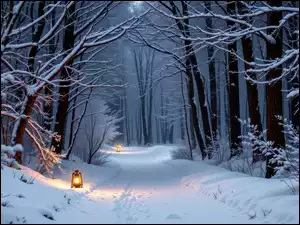 Drzewa, Lampy, Las, Zima, Śnieg