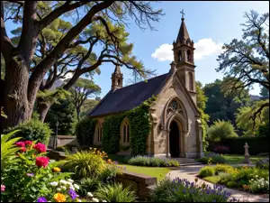 Grafika AI, Kościół, Kwiaty, Drzewa