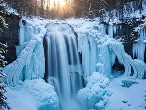 Oblodzony, Skały, Sople, Zima, Wodospad, Drzewa