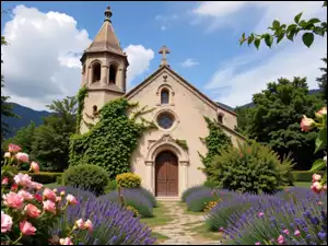 Kwiaty, Kościół, Lawenda, Krzewy, Róże, Drzewa