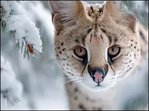 Głowa serwala obok ośnieżonych gałązek świerku