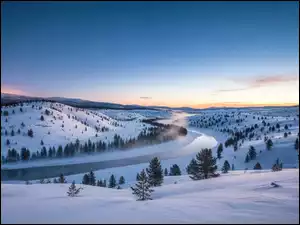 Drzewa, Zima, Rzeka, Wzgórza