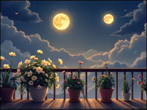 Kwiaty w doniczkach na balkonie na tle chmurw blasku księżyca