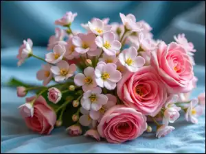 Róże, Tkanina, Kwiaty, Bukiet, Niebieska