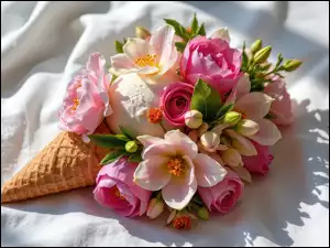 Kwiaty, Kolorowe, Lód, Wafel, Bukiet, Rożek