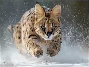 Biegnący serwal po śniegu