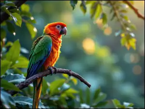 Kolorowa, Ptak, Gałązka, Grafika AI, Papuga, Liście