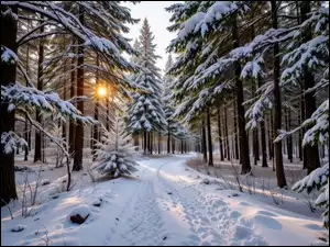 Las, Ośnieżone, Słońce, Zima, Droga, Zaśnieżona, Drzewa