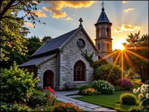 Drzewa, Grafika AI, Kwiaty, Kościół, Promienie słońca