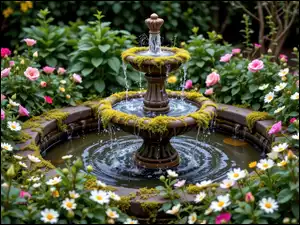 Ogród, Fontanna, Kolorowe, Kwiaty