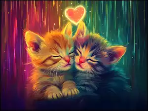 Dwa małe śpiące kotki przytulone do siebie i serce na kolorowym tle