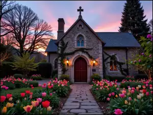 Tulipany wzdłuż brukowanej ścieżki prowadzącej do kościoła