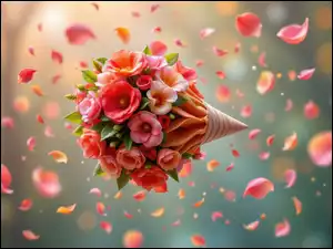 Kolorowe kwiaty w rożku oraz płatki na rozświetlonym tle