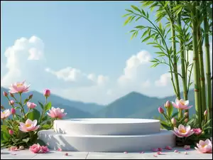 Drzewo, Podium, Kwiaty, Góry, Bambus, Lotosy