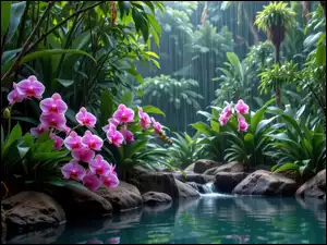 Grafika AI, Kwiaty, Deszcz, Drzewa, Rośliny, Fioletowe, Storczyki, Staw, Kamienie