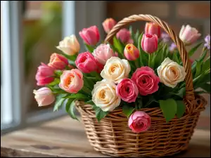 Wiklinowy kosz z różami i tulipanami na stole obok okna