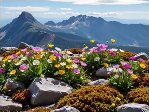 Kwiaty, Kolorowe, Mech, Grafika AI, Kamienie, Góry