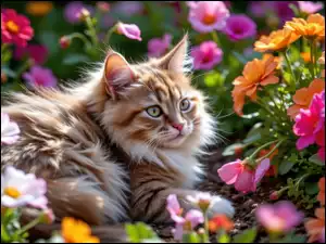 Puszysty, Kwiaty, Kot, Leżący, Kolorowe