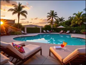 Grafika AI, Basen, Leżaki, Palmy