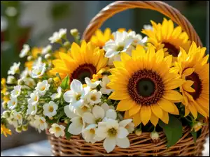 Koszyk, Kwiaty, Słoneczniki, Bukiet