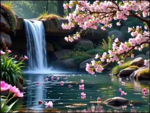 Wiosna, Mały, Rośliny, Kwiaty, Drzewa, Wodospad, Rzeka, Las, Skała