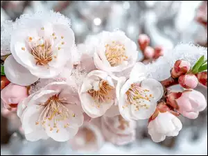 Śnieg, Białe, Kwiaty, Gałązki