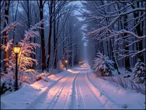 Droga, Zima, Drzewa, Latarnie, Las, Zaśnieżona, AI, Ośnieżone