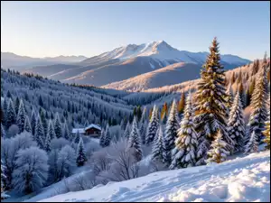 Las, Ośnieżone, Góry, Zima, Śnieg, Domy, Drzewa