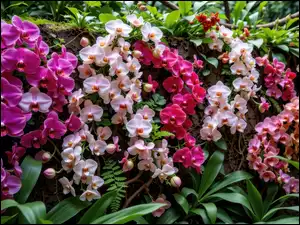 Kolorowe, Kwiaty, Liście, Grafika AI, Storczyki, Mur