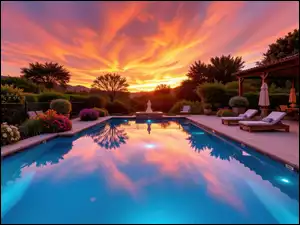 Drzewa, Zachód słońca, Leżaki, Basen, Chmury