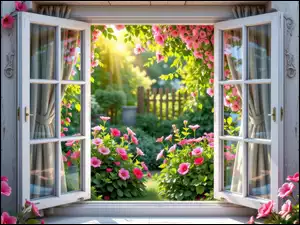 Widok z otwartego okna na kwiaty i płot w ogrodzie w słonecznym blasku