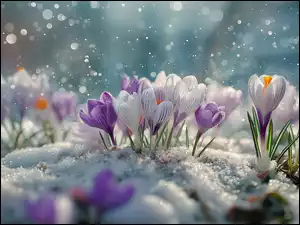 Fioletowe i białe krokusy kwitnące w śniegu