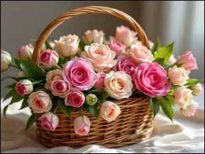 Koszyk, Kwiaty, Róże, Kolorowe