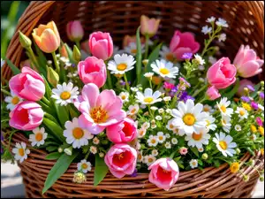 Tulipany, Stokrotki, Grafika AI, Kwiaty, Koszyk, Bukiet, Wiosenny