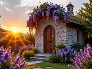 Mała kamienna kaplica pod drzewem otoczona lawendą i glicynią w promieniach wschodzącego słońca