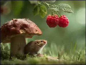 Myszoskoczek siedzący pod grzybem obok dwóch malin na gałązce