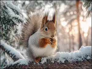Wiewiórkana ośnieżonej gałęzi sosny
