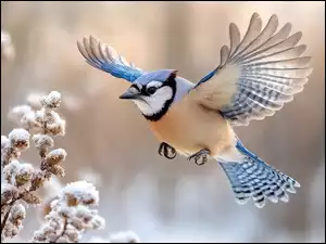 Lot, Modrosójka, Skrzydła, Roślina, Rozpostarte, Ośnieżona