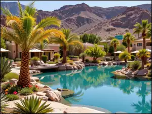 Parasole, Domy, Kwiaty, Kamienie, Basen, Rośliny, Góry, Palmy